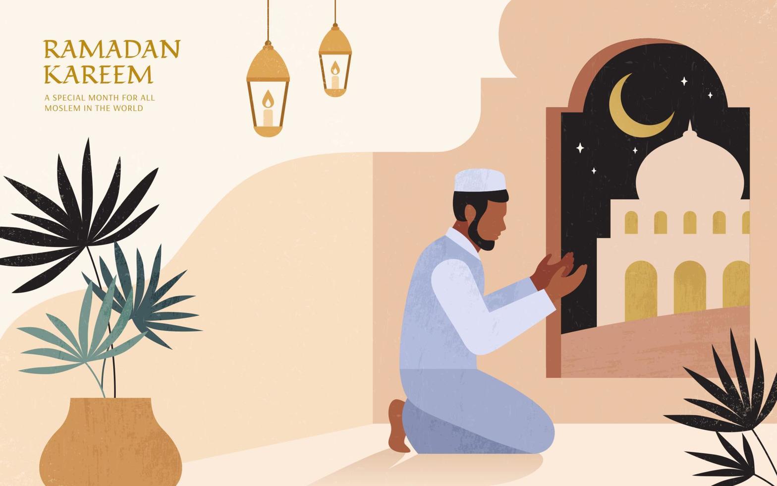 Islamitisch vakantie illustratie sjabloon van een moslim Mens geconfronteerd buiten en bidden salat of namaz Bij huis in de avond. vector