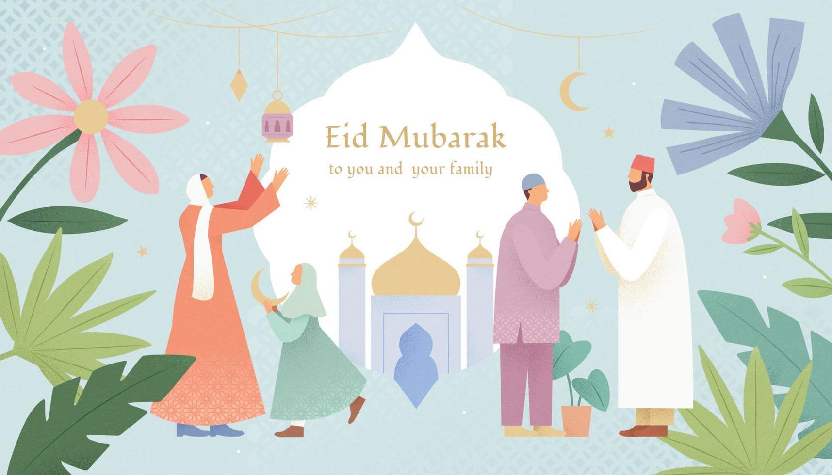 schattig pastel Ramadan, hari raya of eid al-fitr illustratie met botanisch decoratie. moslim mannen groet naar elk andere en vrouw decoreren voor de vakantie. vector