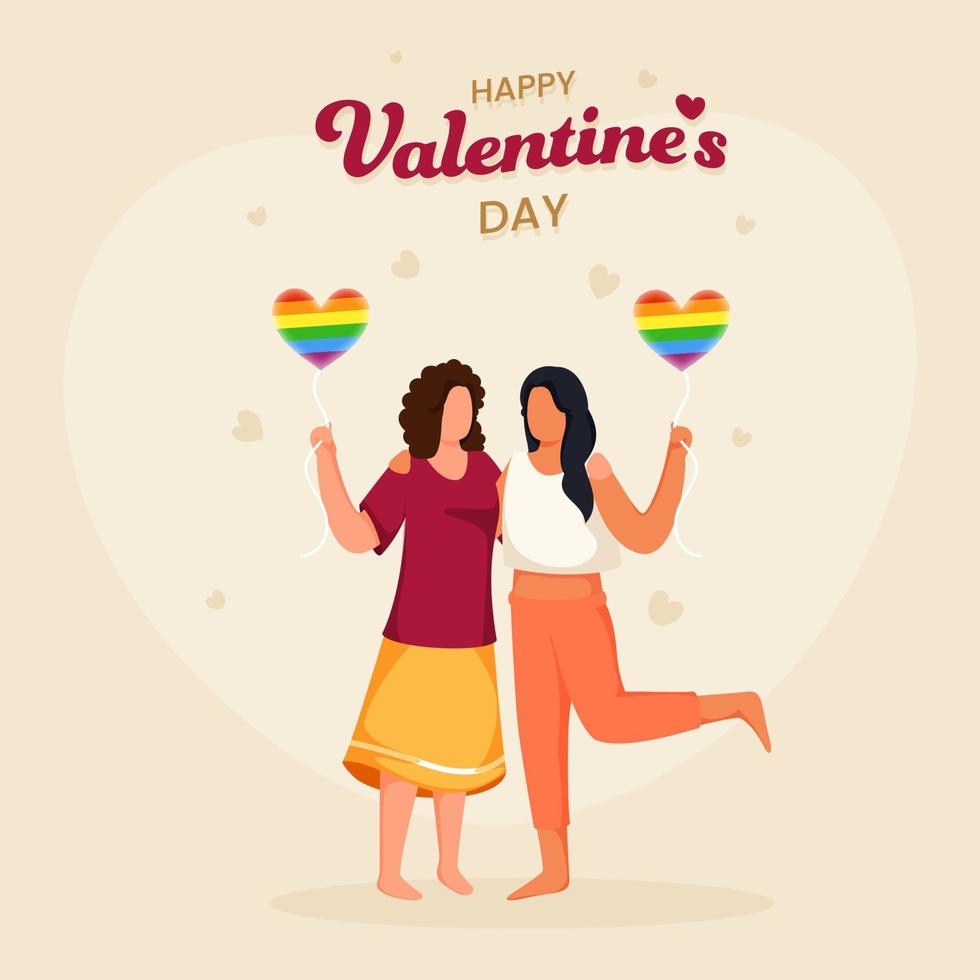 jong lesbienne paar Holding lgbtq vlag hart ballon Aan de gelegenheid van gelukkig Valentijnsdag dag. vector
