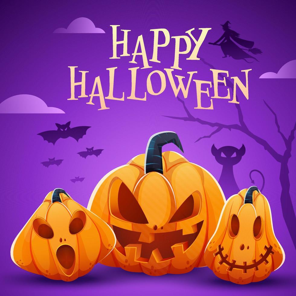 gelukkig halloween viering poster ontwerp met jack-o-lantaarns, eng kat, heks en vleermuizen vliegend Aan Purper achtergrond. vector