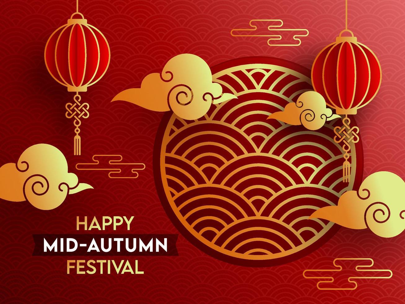gelukkig midden herfst festival poster ontwerp met papier besnoeiing Chinese lantaarns hangen en gouden wolken Aan rood overlappende semi cirkel achtergrond. vector