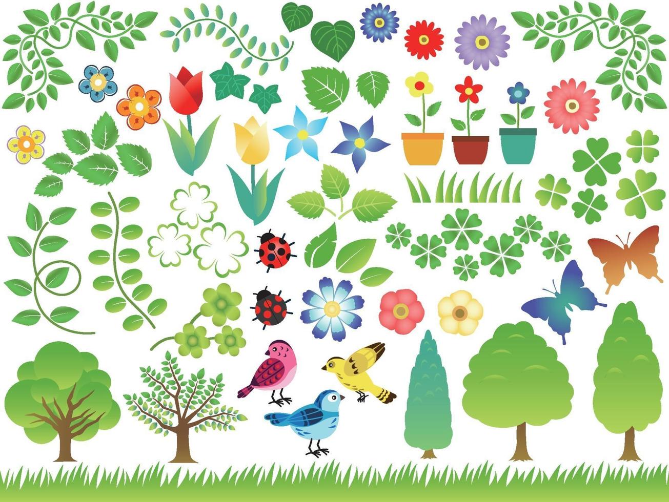 lente en zomer botanische element set geïsoleerd op een witte achtergrond. vector