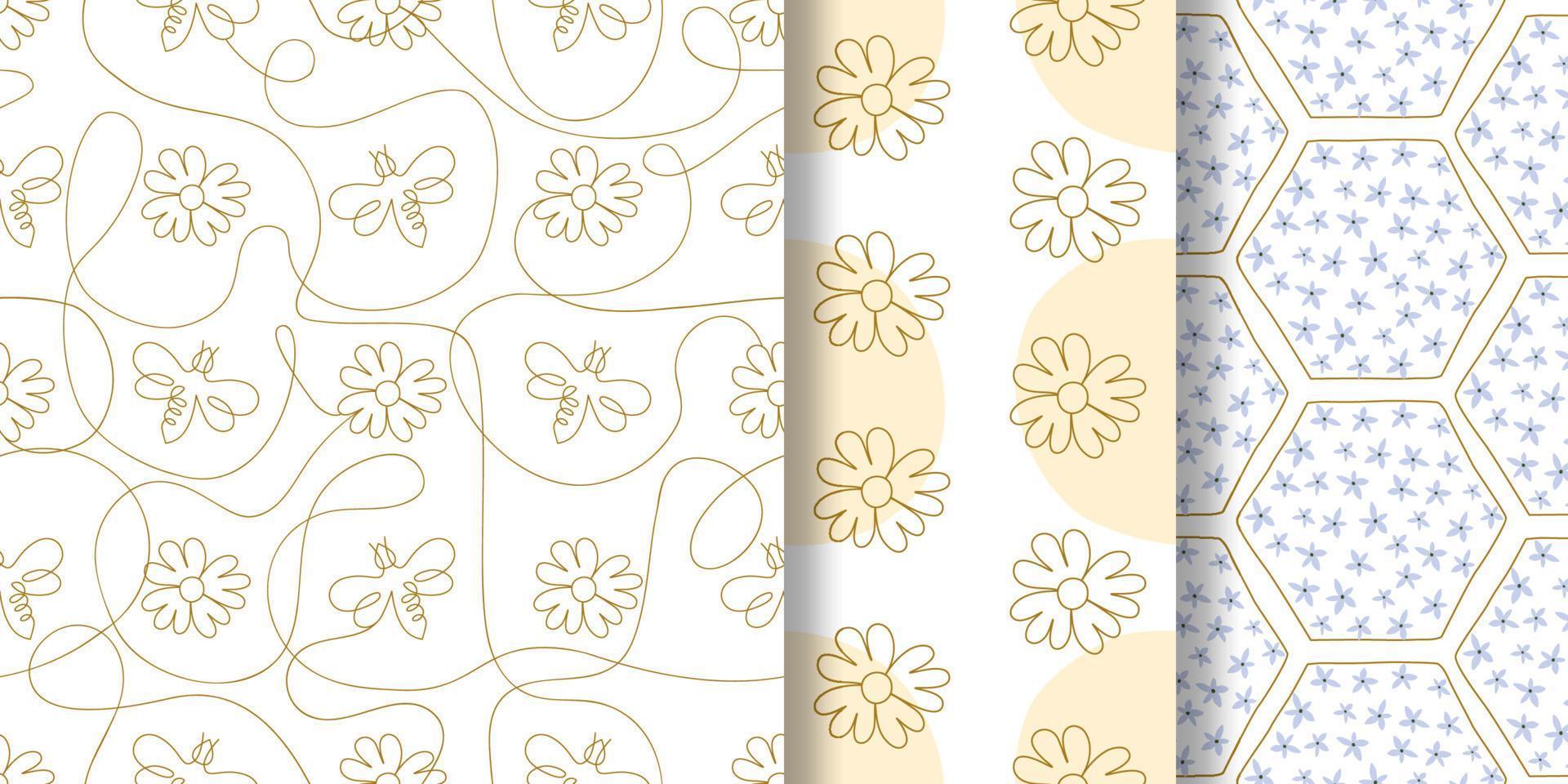 single doorlopend lijn tekening bloemen patroon set. zomer bloem honing bij herhaald achtergrond. zonnebloem in een doorlopend lijn. minimalistische lineair schetsen zomer achtergrond. vector illustratie.