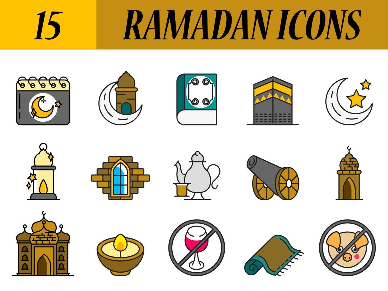 15 Ramadan pictogrammen in vlak stijl. vector