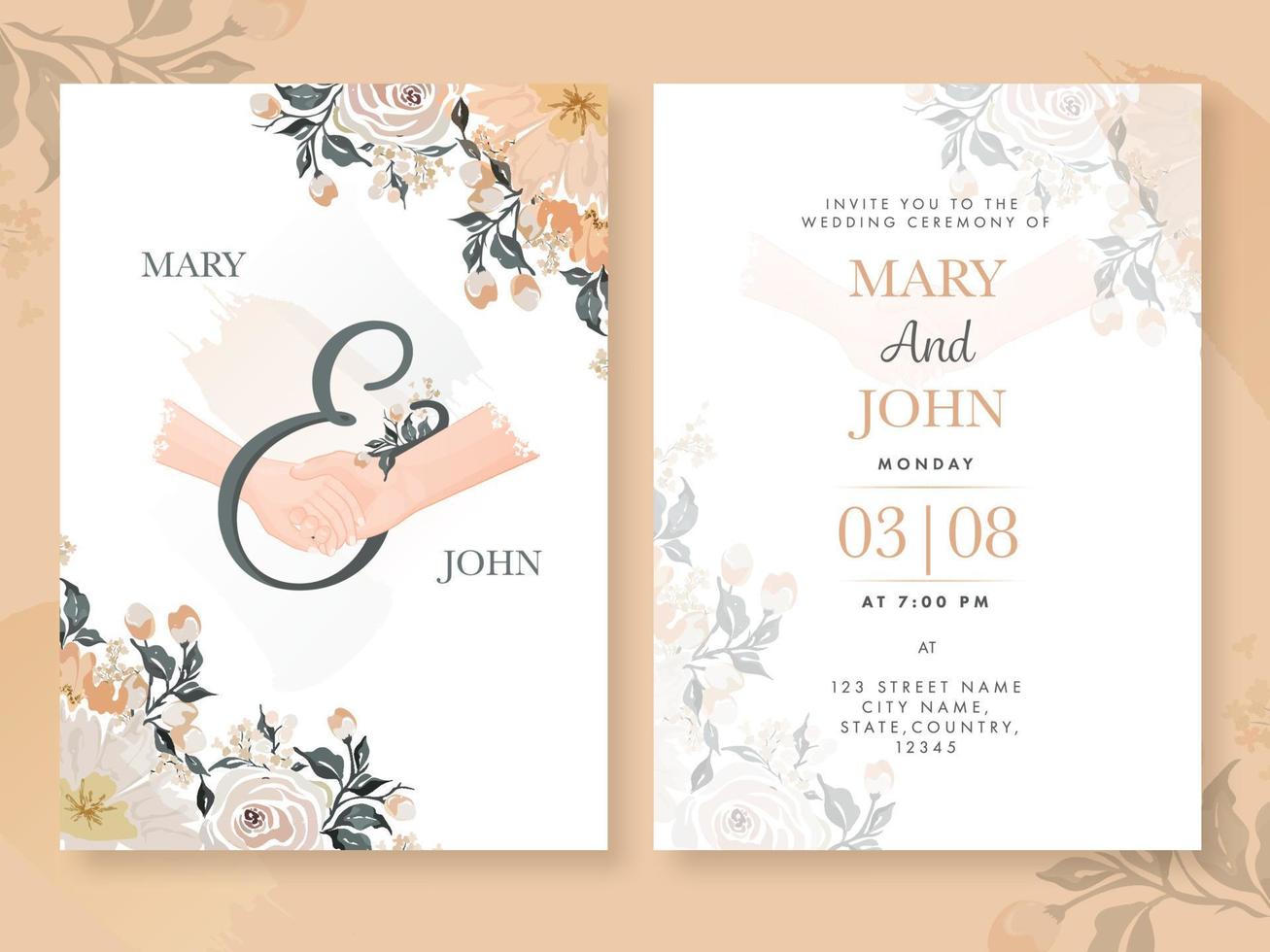 bloemen bruiloft uitnodiging kaart ontwerp met paar Holding handen en evenement details in voorkant en terug visie. vector