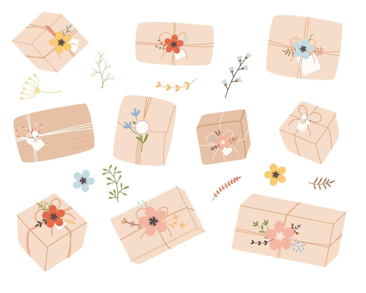 ambacht geschenk dozen reeks met voorjaar bloemen. vector