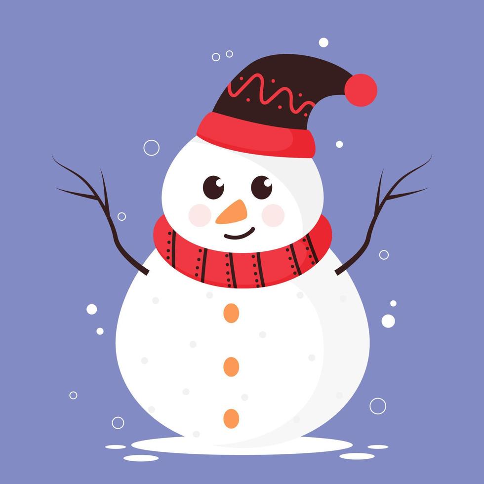 tekenfilm sneeuwman vervelend wollen hoed en sjaal Aan blauw achtergrond. vector