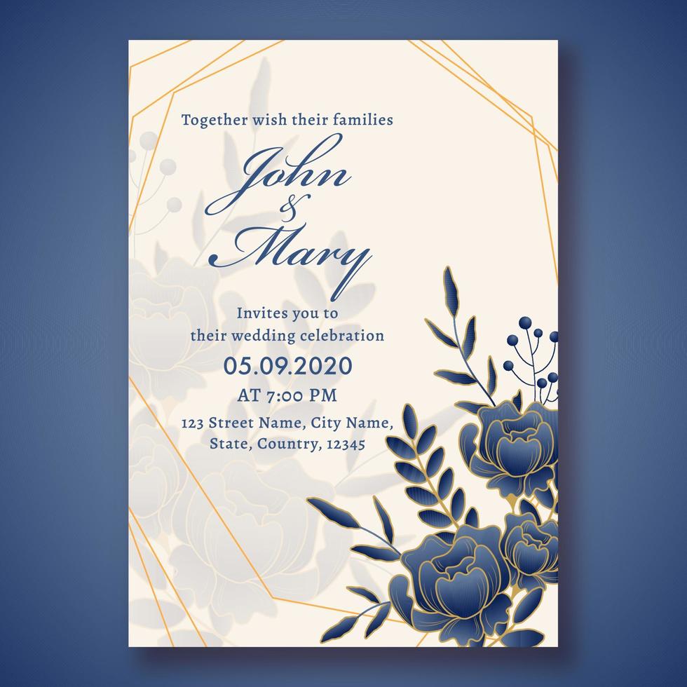 bruiloft uitnodiging kaart sjabloon lay-out versierd met blauw roos bloemen en bladeren en evenement details. vector