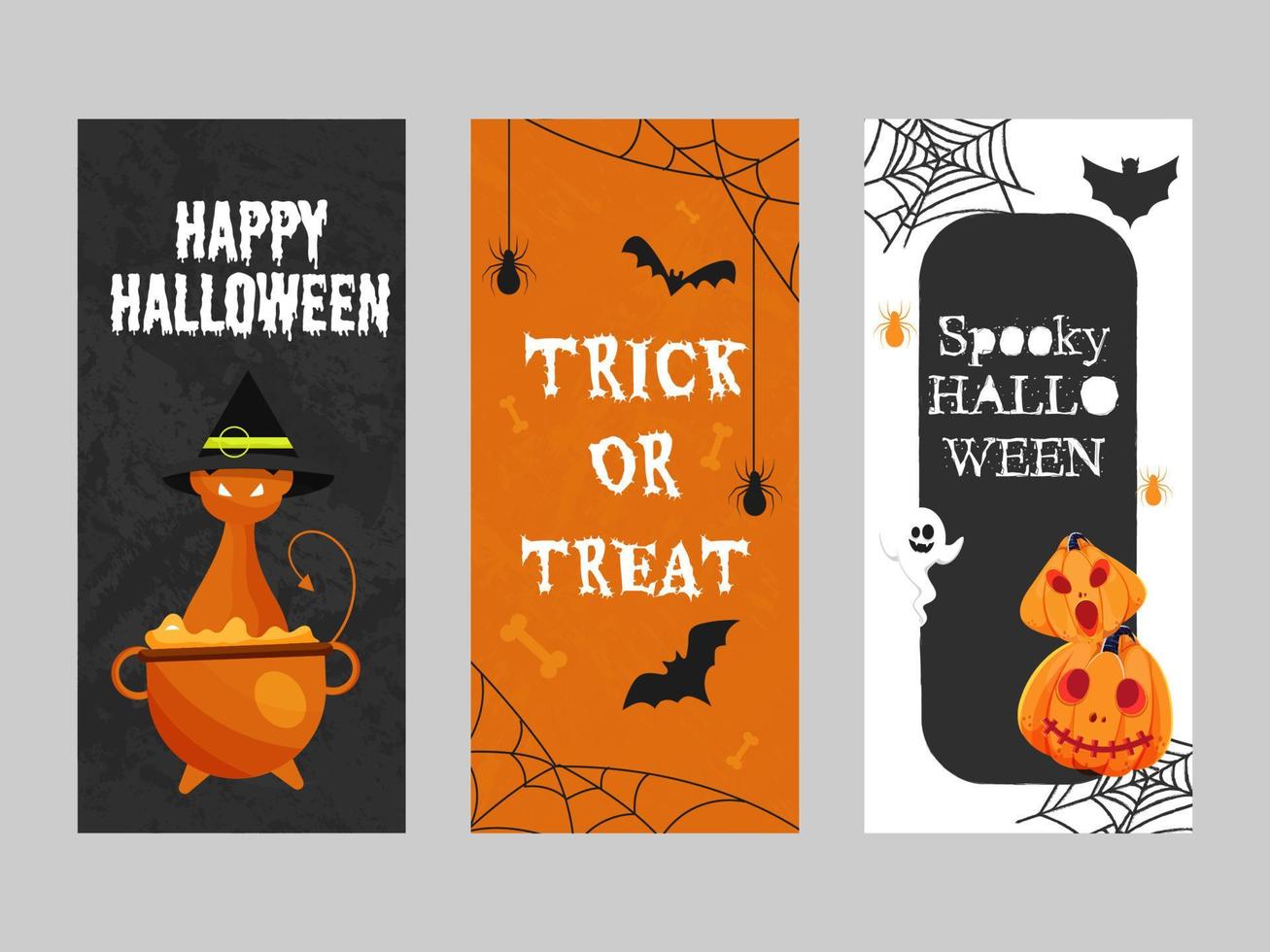 gelukkig halloween, spookachtig en truc of traktatie sjabloon ontwerp in drie kleur opties. vector