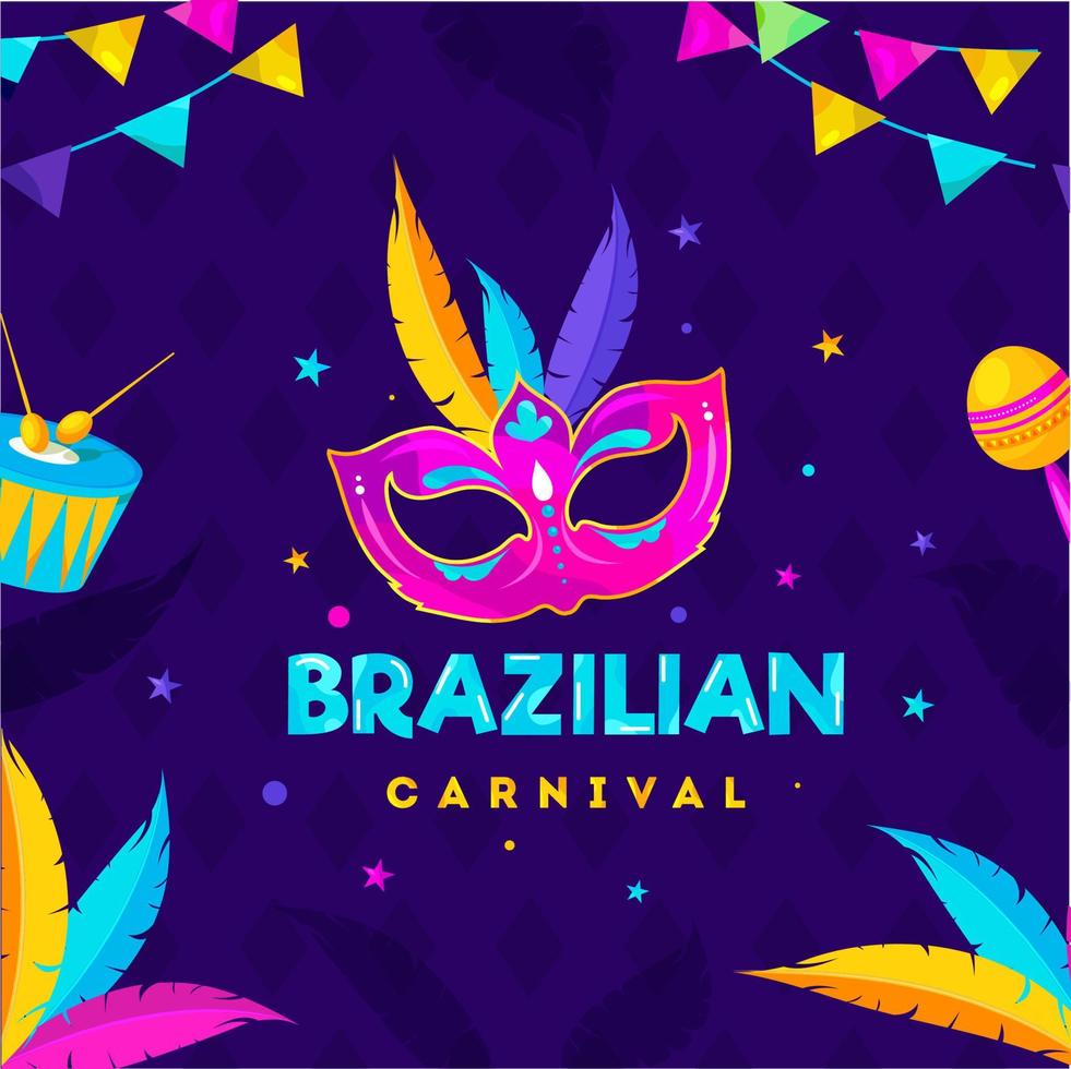 braziliaans carnaval viering concept met partij masker, trommel, maracas en kleurrijk veer versierd Aan Purper ruit patroon achtergrond. vector