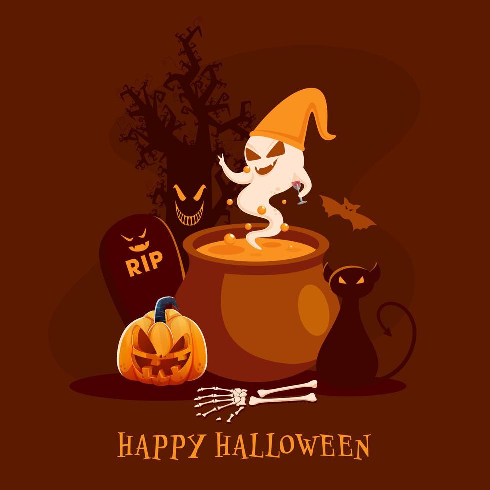 illustratie van tekenfilm geest Holding drinken glas met ketel pot, kat, skelet hand, jack-o-lantern, Rust in vrede en eng boom Aan bruin achtergrond voor gelukkig halloween viering. vector