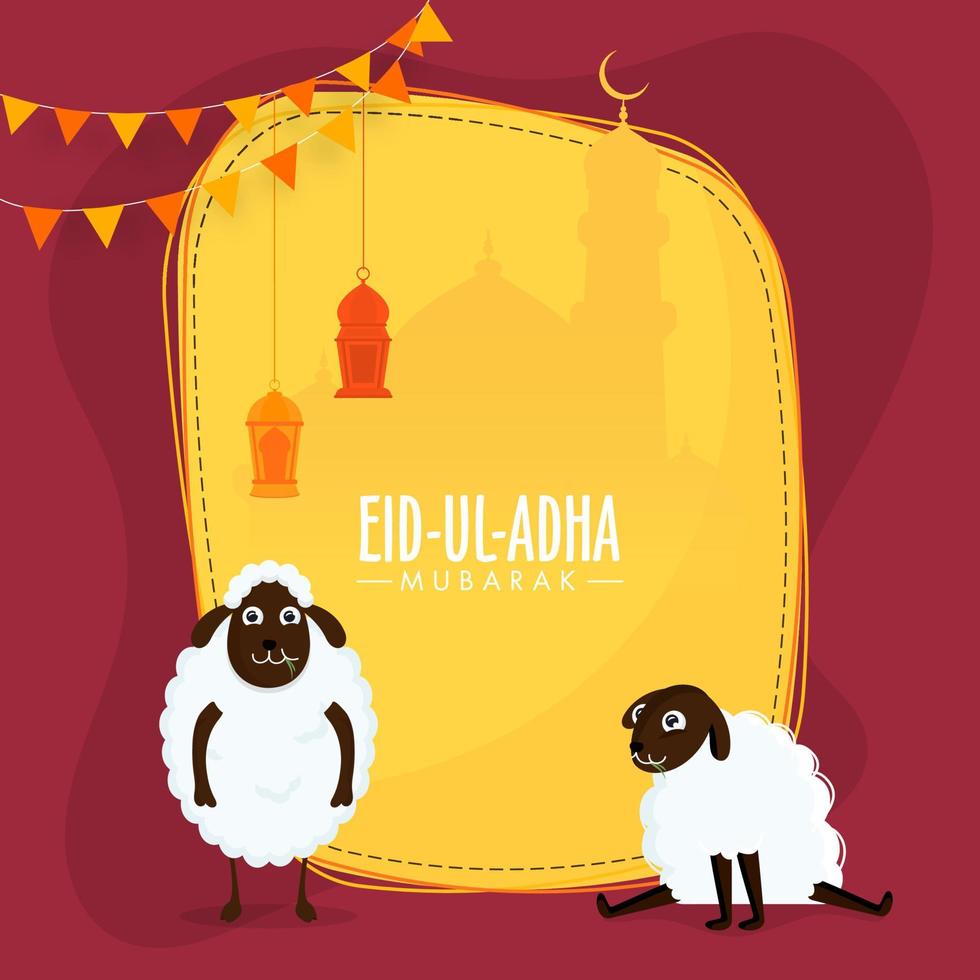 eid-ul-adha mubarak tekst met twee tekenfilm schaap, hangende lantaarns en geel silhouet moskee Aan rood achtergrond. vector