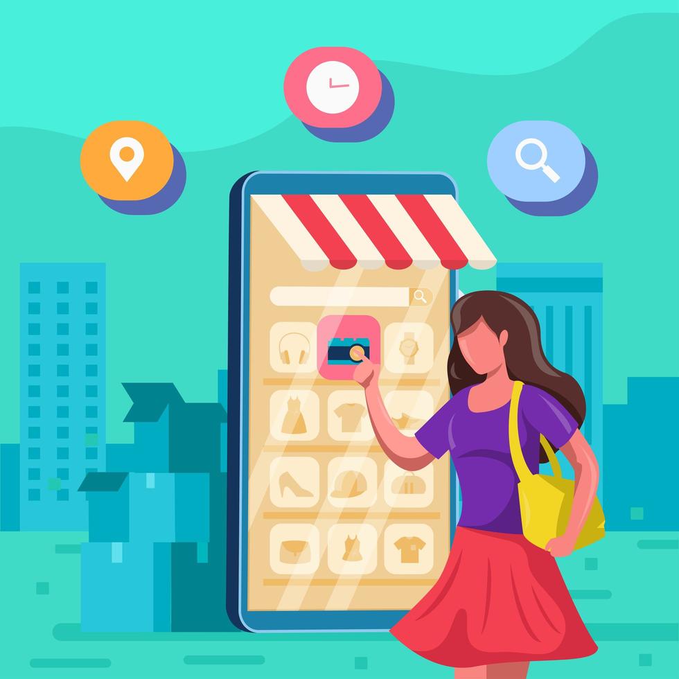 stadsvrouwen die items selecteren via haar smartphoneconcept vector