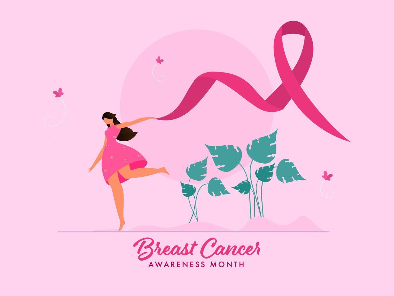 gezichtsloos jong meisje Holding lint in rennen houding en groen blad planten Aan roze achtergrond voor borst kanker bewustzijn maand. vector