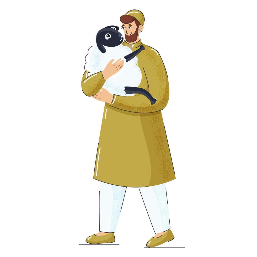 illustratie van moslim Mens Holding een schapen in staand houding. vector