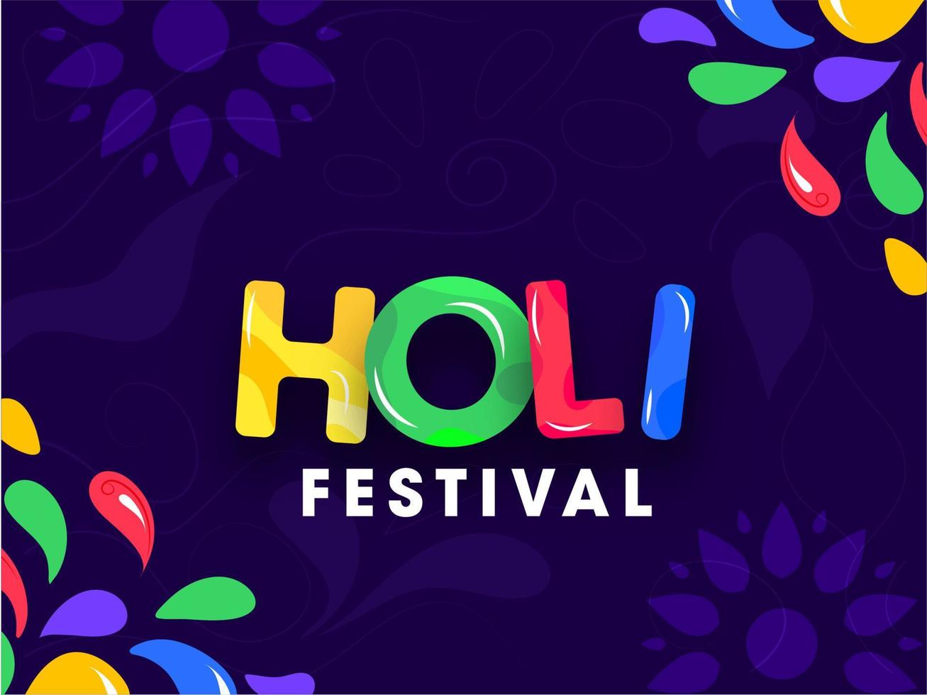 holi festival tekst met kleurrijk boog druppels Aan Purper achtergrond. vector