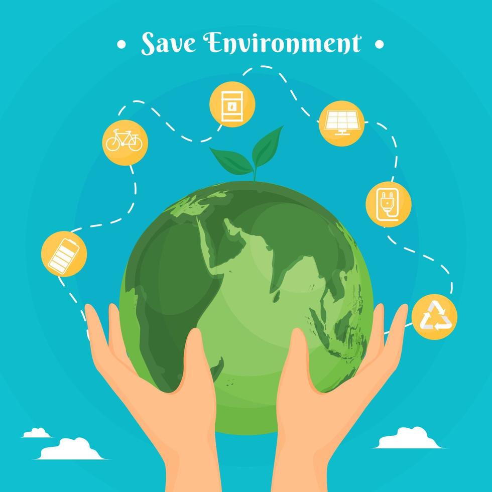 opslaan milieu poster ontwerp met menselijk hand- Holding aarde wereldbol Aan lucht blauw achtergrond. vector