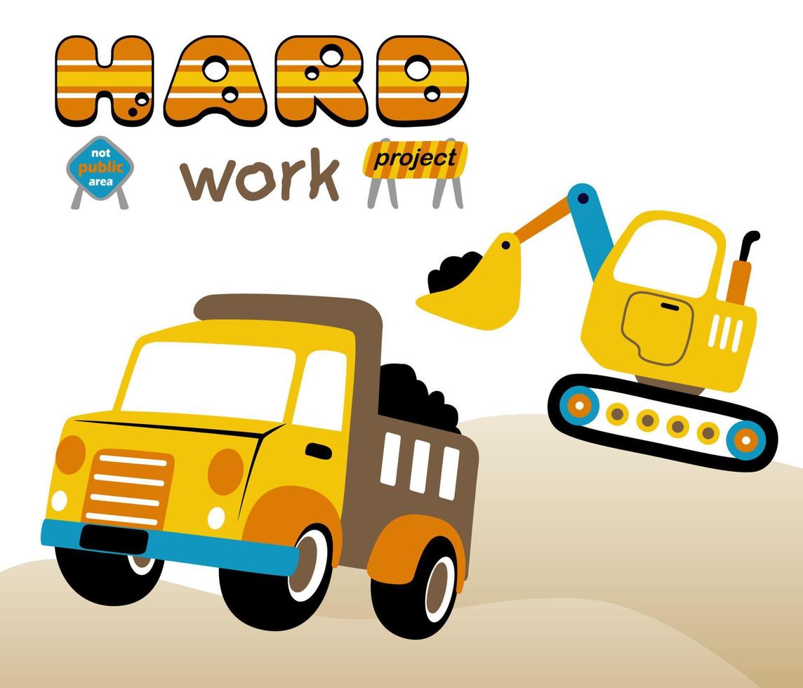 bouw voertuigen met bouw tekens, vector tekenfilm illustratie