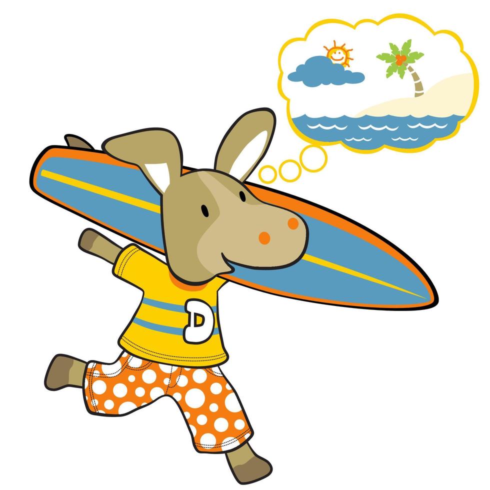 grappig ezel draag- surfboard naar de strand, vector tekenfilm illustratie