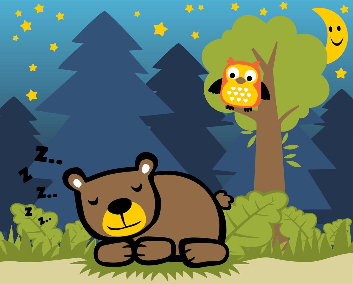 schattig beer slapen met grappig uil Aan boom Bij nacht onder halve maan maan, vector tekenfilm illustratie