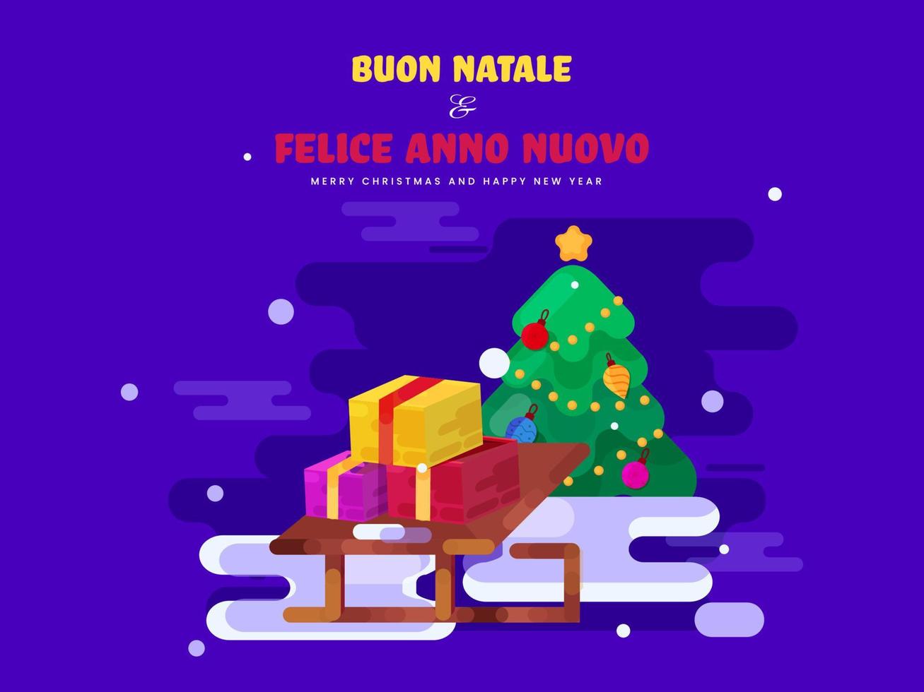 vrolijk Kerstmis gelukkig nieuw jaar tekst in Italiaans taal met decoratief Kerstmis boom en geschenk dozen Aan Purper achtergrond. vector