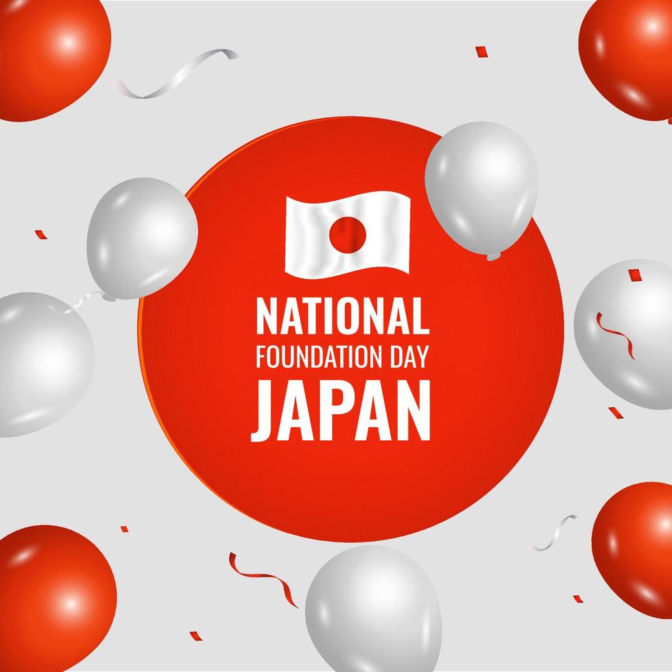 Japan nationaal fundament dag tekst met glanzend ballonnen versierd Aan rood en grijs achtergrond. vector