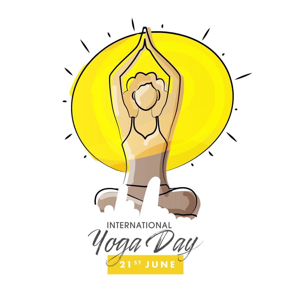 creatief tekenfilm vrouw mediteren in lotus houding met zon Aan wit achtergrond voor 21e juni, Internationale yoga dag. vector