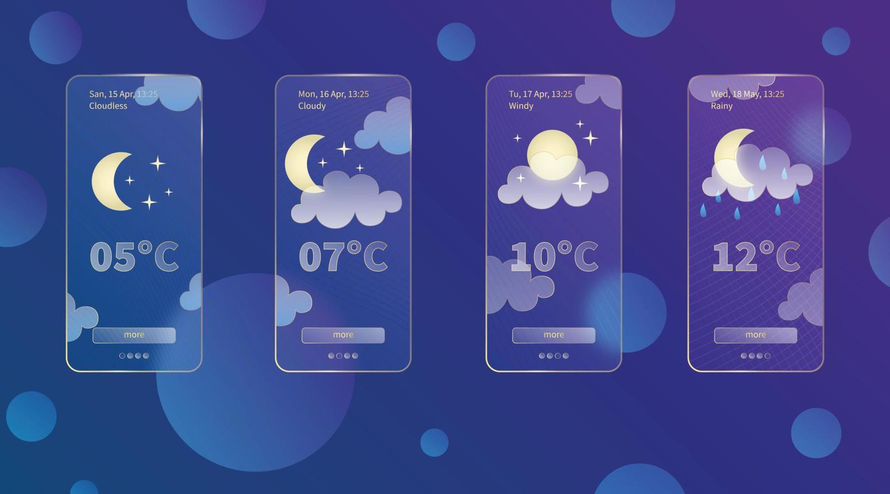 reeks van 3d glasmorfisme weer voorspelling app sjabloon koppel ontwerp uitrusting. nacht meteo pictogrammen Aan donker blauw helling achtergrond seizoen collecties smartphone glas morfisme schermen vector illustraties