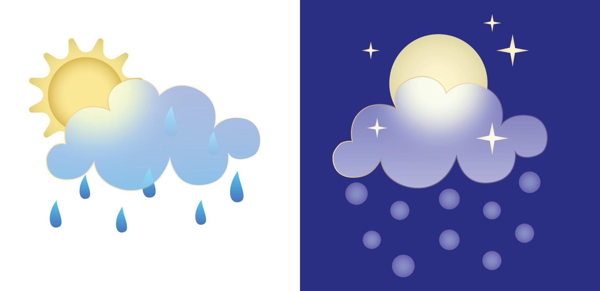 reeks van weer pictogrammen. glasmorfisme stijl symbolen voor meteo voorspelling app elementen geïsoleerd Aan wit achtergrond dag en nacht herfst winter seizoen zingt zon, regen en sneeuw wolken. vector illustraties