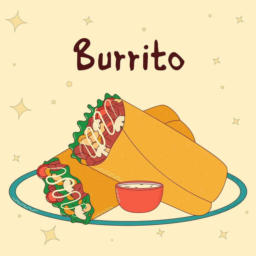 Mexicaans traditioneel voedsel. burrito. vector illustratie in hand- getrokken stijl