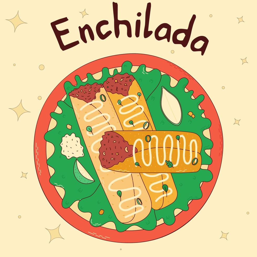 Mexicaans traditioneel voedsel. enchilada. vector illustratie in hand- getrokken stijl