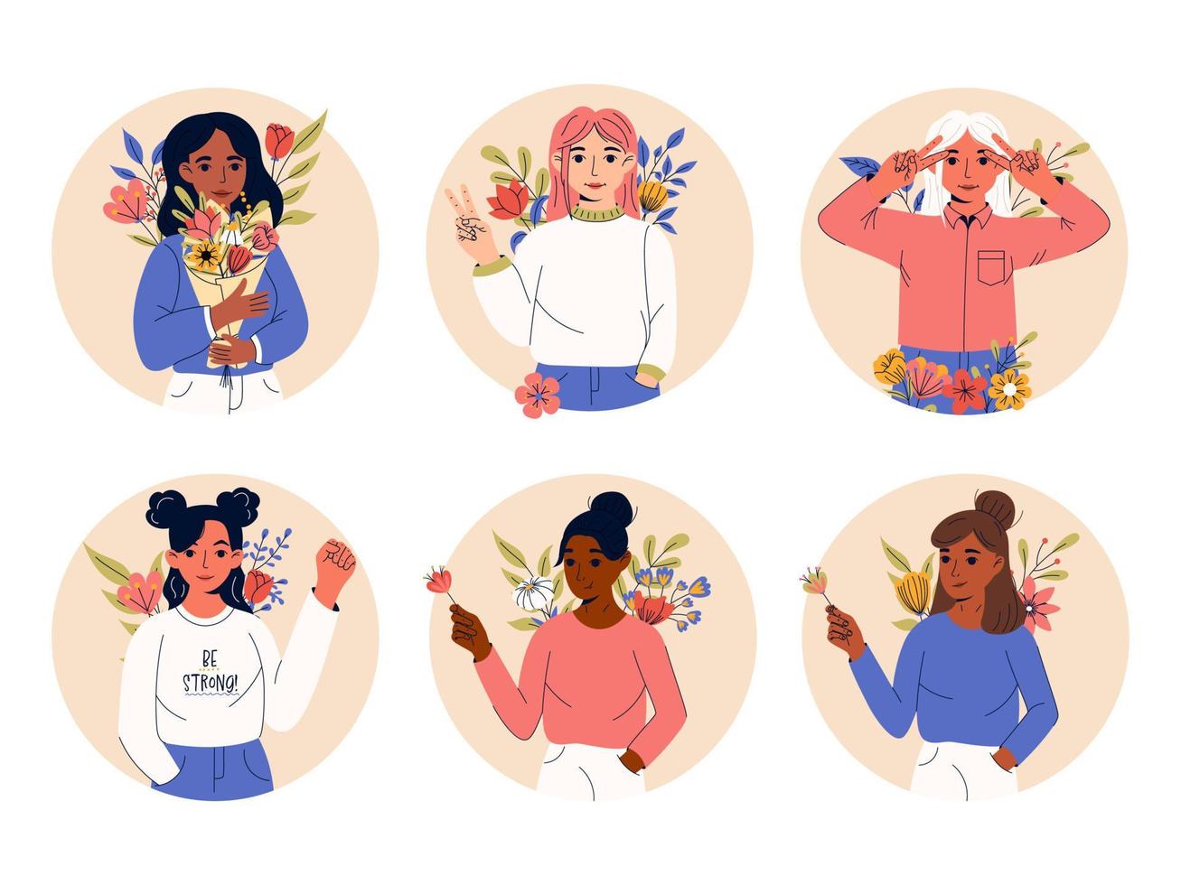 mooi meisjes met bloemen in hun handen. meisje stroom, feminisme, zusterschap concept. vector