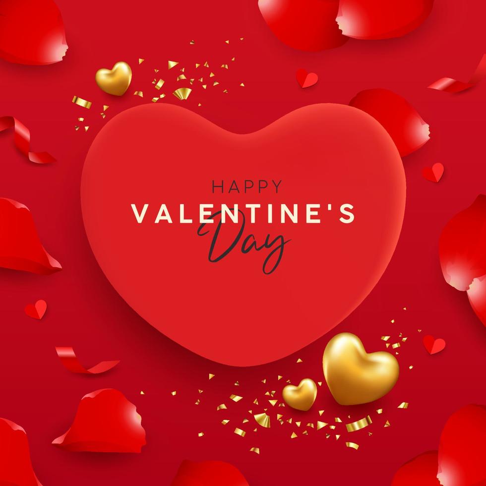 gelukkig Valentijnsdag dag rood en goud hart met roos bloemblaadjes ontwerp Aan rood achtergrond, eps10 vector illustratie.