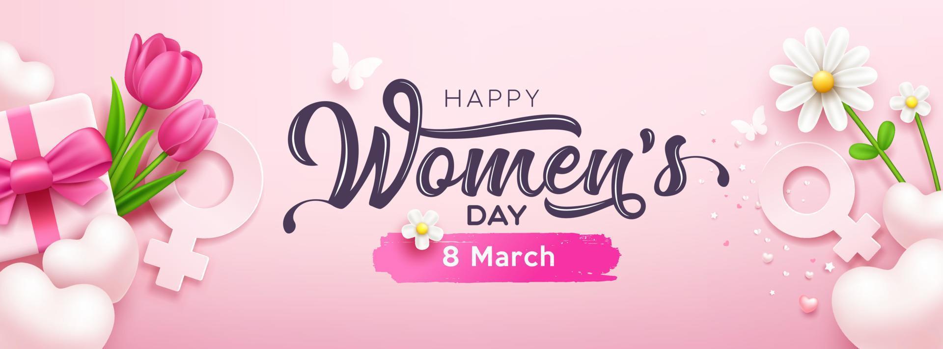 gelukkig vrouwen dag banners geschenk doos roze bogen lint met tulp bloemen en vlinder, hart, wit bloem, concept ontwerp Aan roze achtergrond, eps10 vector illustratie.
