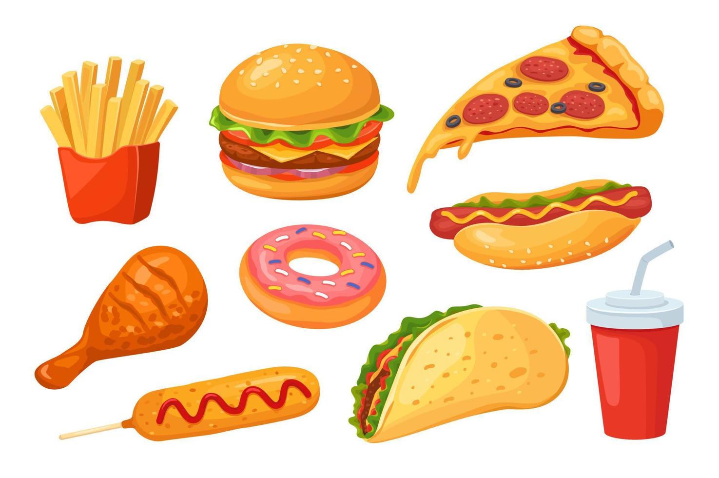 snel voedsel. pizza en Hamburger, cola en heet hond, kip en donut, belegd broodje en maïs hond. geïsoleerd tekenfilm Fast food vector reeks