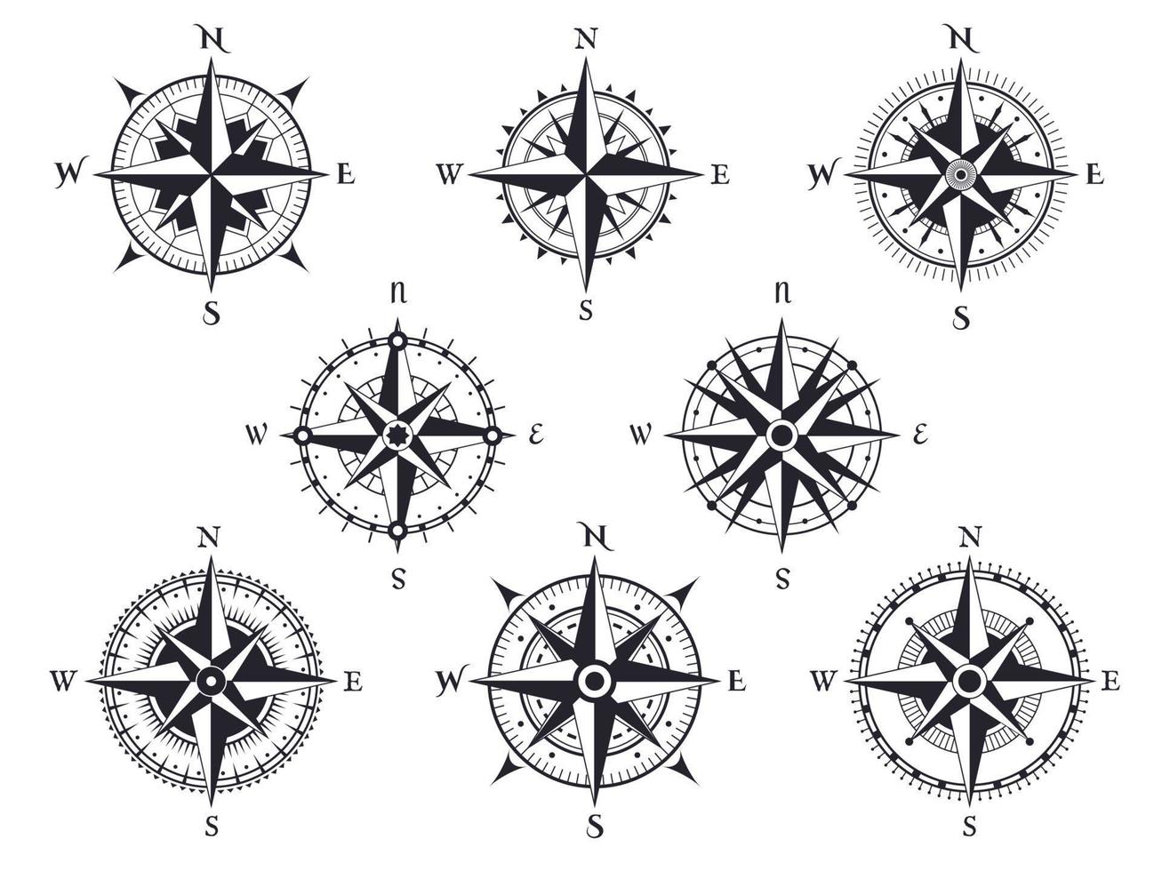 wind roos. wijnoogst kompas met noorden, zuiden en westen, oosten- aanwijzingen. cartografie marinier retro kaart teken of tatoeëren ontwerp vector reeks