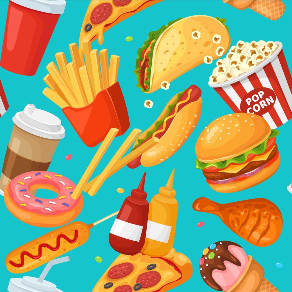 snel voedsel naadloos patroon. tekenfilm Patat, donut en koffie, kip en hamburger, taco en ketchup, ijs room en cola vector omhulsel structuur