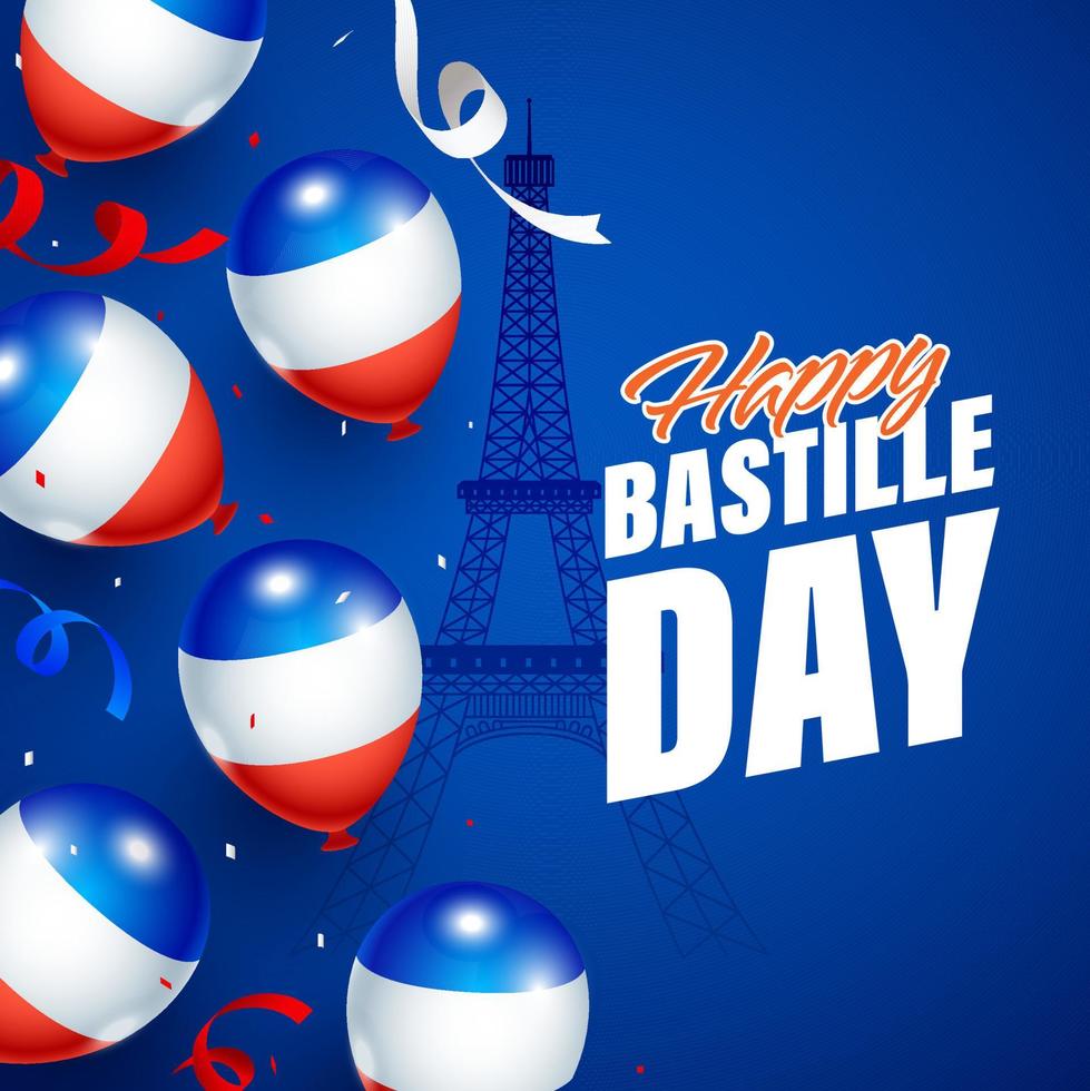 gelukkig Bastille dag doopvont met Frankrijk vlag kleur ballonnen en eiffel toren monument Aan blauw achtergrond. vector