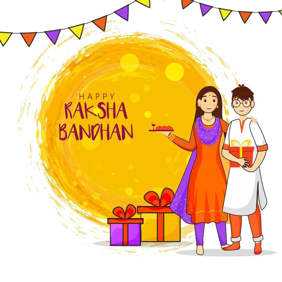 tekenfilm karakter van jong jongen en meisje vieren raksha bandhan met aanbidden bord, geschenk dozen illustratie Aan geel borstel beroerte achtergrond. vector