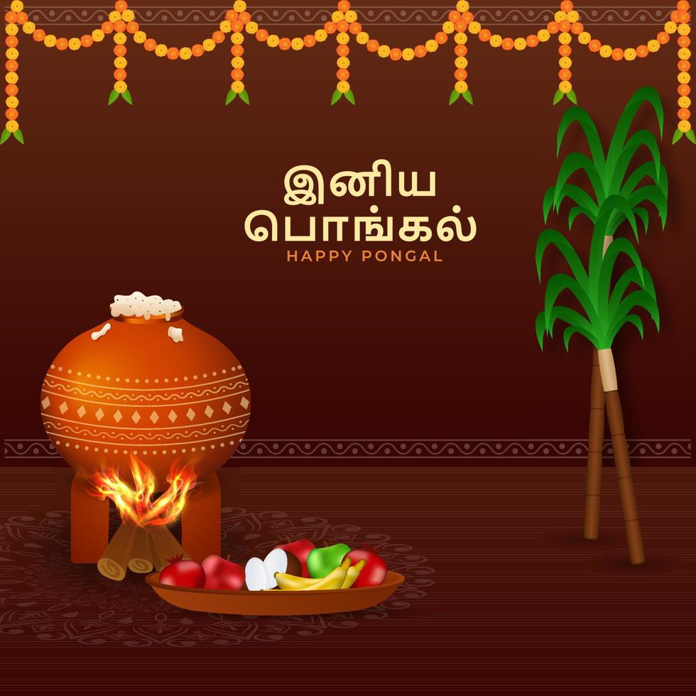 tamil taal van gelukkig pongal tekst met rijst- Koken modder pot Bij vreugdevuur, fruit, suikerstok en Toran Aan bruin achtergrond. vector