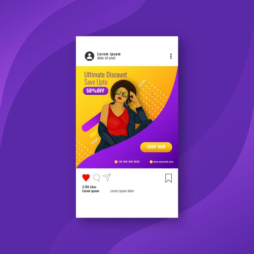 uitverkoop mobiel ui ux of folder ontwerp met 50 korting aanbod en modern jong meisje Aan geel en Purper abstract achtergrond. vector