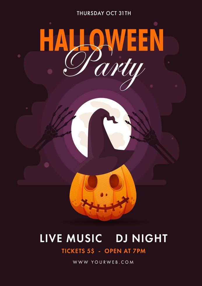 halloween partij folder of uitnodiging kaart met jack-o-lantern slijtage heks hoed en evenement details. vector