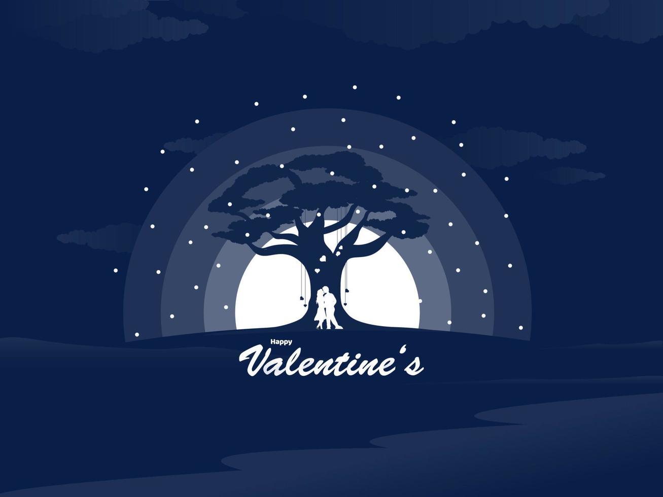 gelukkig Valentijnsdag dag concept met silhouet romantisch paar staand onder liefde boom Aan papier besnoeiing vol maan blauw achtergrond. vector