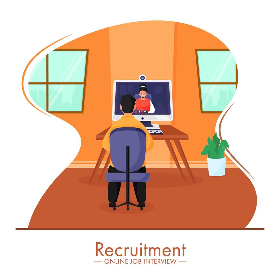illustratie van zakenman hebben video roeping van vrouw in computer voor online baan interview werving concept. vector