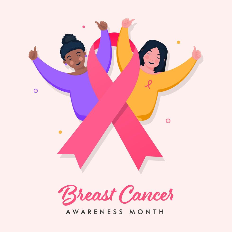 jong meisjes tonen duimen omhoog met roze lint voor borst kanker bewustzijn maand concept. vector