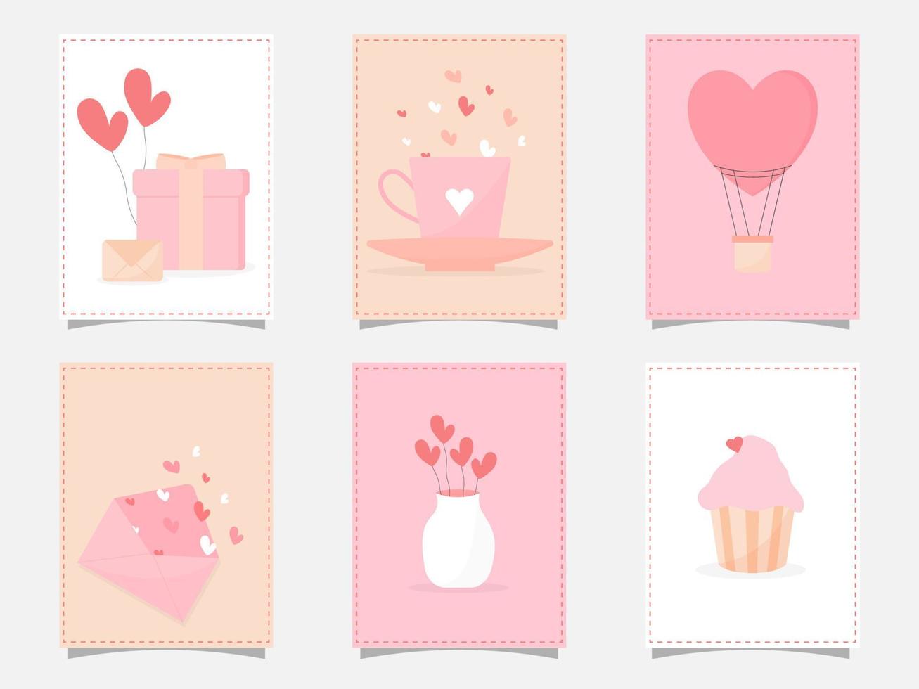 liefde kaarten of kleverig reeks met geschenk doos, envelop, hart ballonnen, koffie beker, heet lucht ballon, koekje en vaas. vector