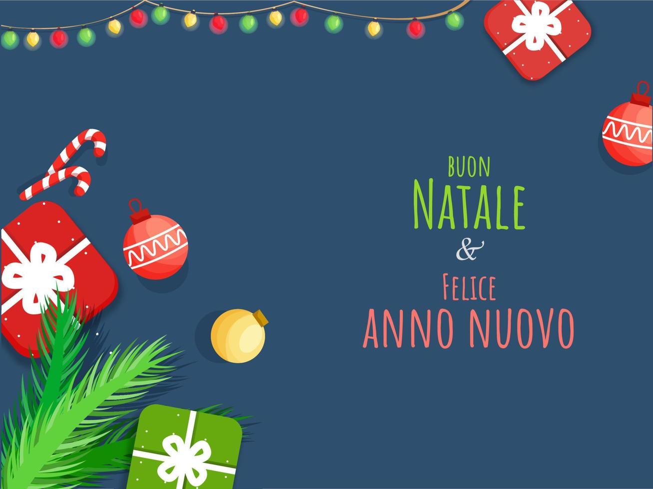 vrolijk Kerstmis en gelukkig nieuw jaar tekst geschreven Italiaans taal met top visie van geschenk dozen, kerstballen, snoep riet, Spar bladeren versierd Aan blauw achtergrond. vector
