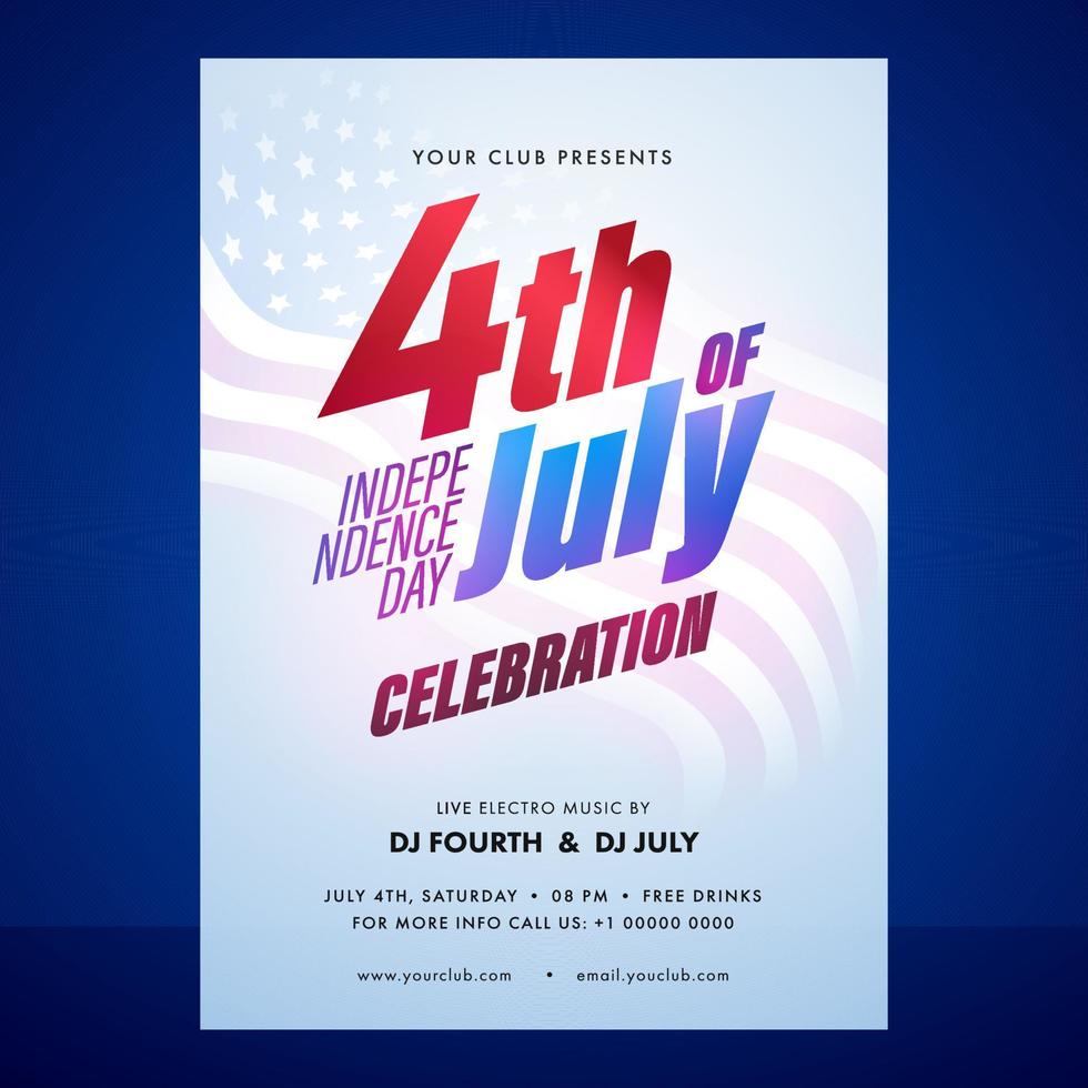 4e van juli, onafhankelijkheid dag viering uitnodiging of folder ontwerp met evenement details Aan glanzend Verenigde Staten van Amerika golvend vlag achtergrond. vector