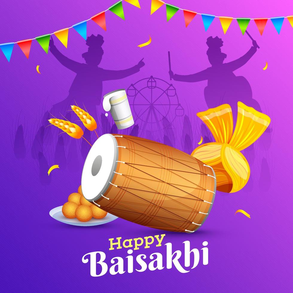gelukkig baisakhi viering achtergrond met silhouet Punjabi mannen dansen, dhol, tulband, tarwe oor, Indisch zoet en glas van lassi illustratie. vector