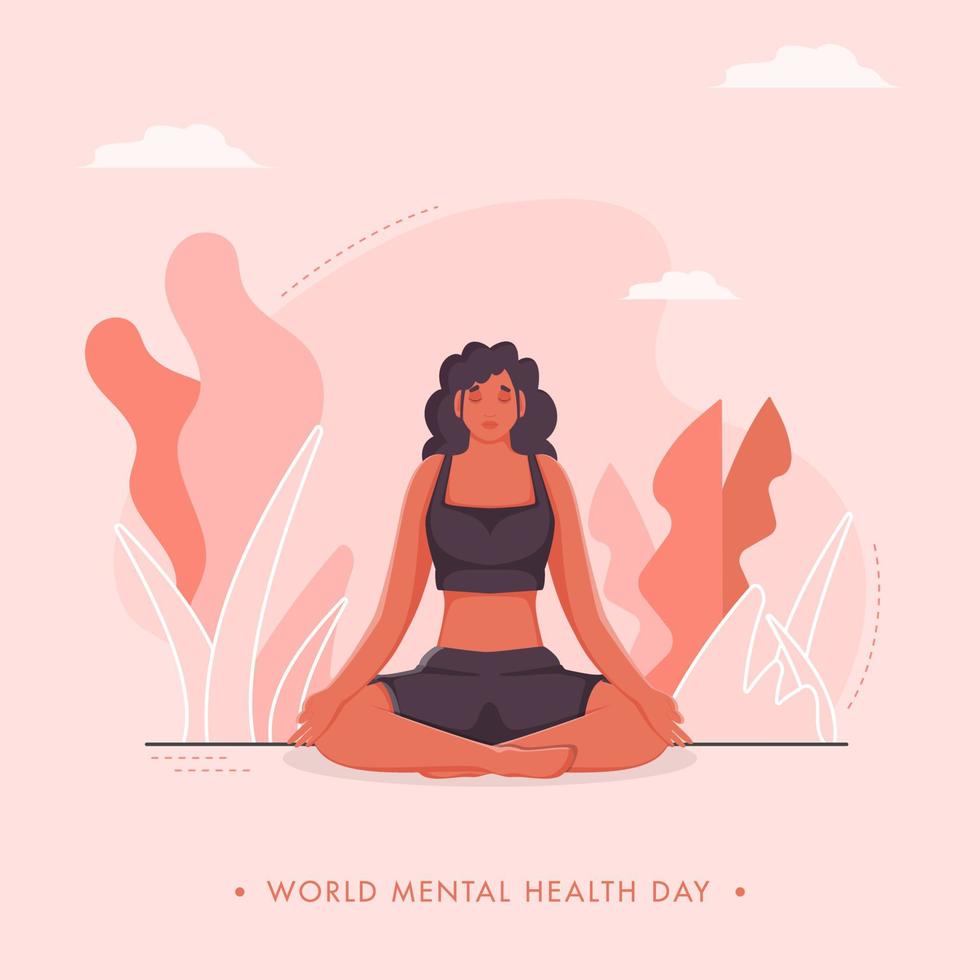 wereld mentaal Gezondheid dag poster ontwerp met jong vrouw in meditatie houding Aan roze natuur achtergrond. vector